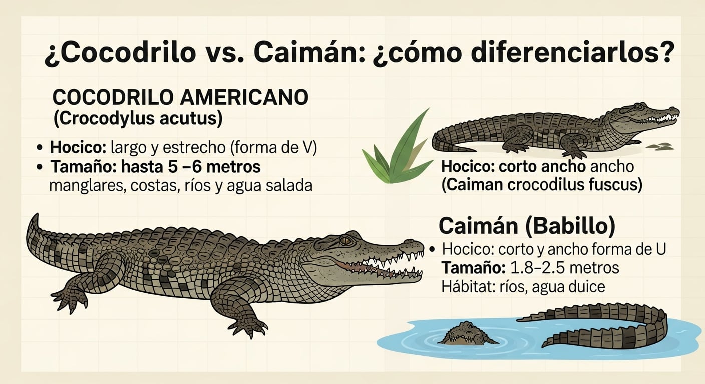 Esta infografía detalla las principales características del cocodrilo americano (Crocodylus acutus) y el caimán de anteojos o babillo (Caiman crocodilus fuscus), especies predominantes en Panamá. (Imagen Ilustrativa Infobae)