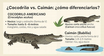 Infografía que compara un cocodrilo americano de hocico largo y un caimán (babillo) de hocico corto, mostrando sus tamaños y hábitats.