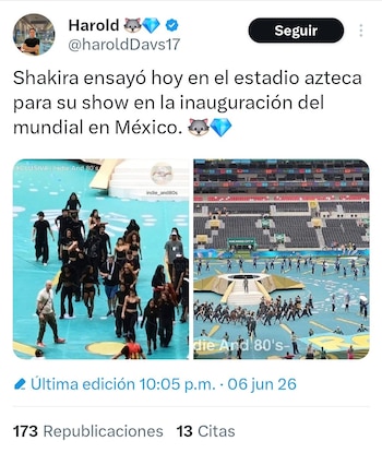 Dos imágenes. Izquierda: un grupo de bailarines camina por un escenario. Derecha: una vista aérea de artistas ensayando en el campo de un estadio con gradas vacías