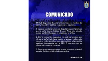 Deportivo Binacional informa que no