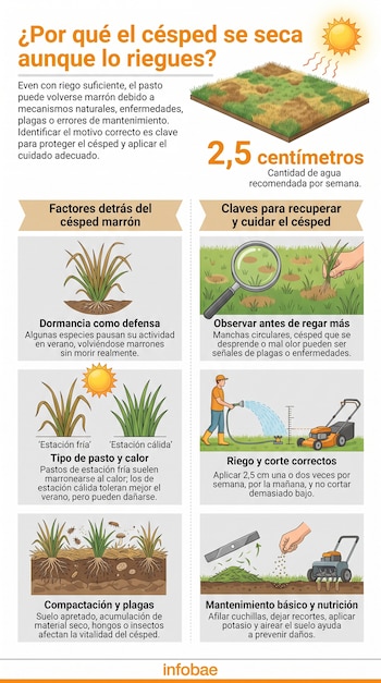 Infografía con ilustraciones de césped seco y verde, sol, medidor de agua, raíces, insectos, hongos, persona regando, cortacésped, fertilizante y pala.