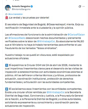 La solicitud de rectificación de Antonio Sanguino a Cesar Restrepo - crédito @AntonioSanguino/X