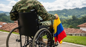 Vista trasera de un militar colombiano en silla de ruedas con uniforme de camuflaje, sosteniendo una bandera de Colombia, con montañas y techos al fondo.