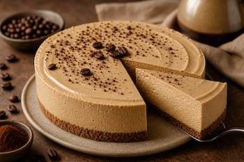 Pastel de color café claro con una porción cortada sobre un plato, granos de café en la superficie y cuencos con cacao en polvo y semillas.