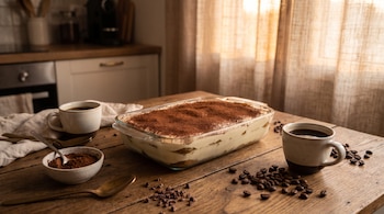 Una fuente de vidrio con tiramisú, dos tazas de café, un tazón con cacao y granos de café sobre una mesa de madera en una cocina.
