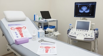 Una camilla, un folleto del sistema reproductivo femenino, instrumental médico, botellas de desinfectante, un equipo de ultrasonido y un monitor con ecografía.