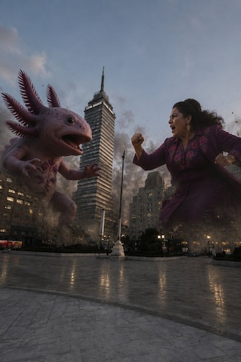 Un ajolote rosa gigante y una mujer gigante vestida de morado se enfrentan en una plaza de CDMX, con la Torre Latinoamericana y edificios al fondo, con escombros