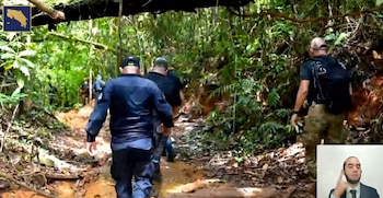 Agentes de seguridad recorren una zona boscosa de Crucitas, en Cutris de San Carlos, durante un operativo para supervisar actividades mineras ilegales (Cortesía Presidencia CR).