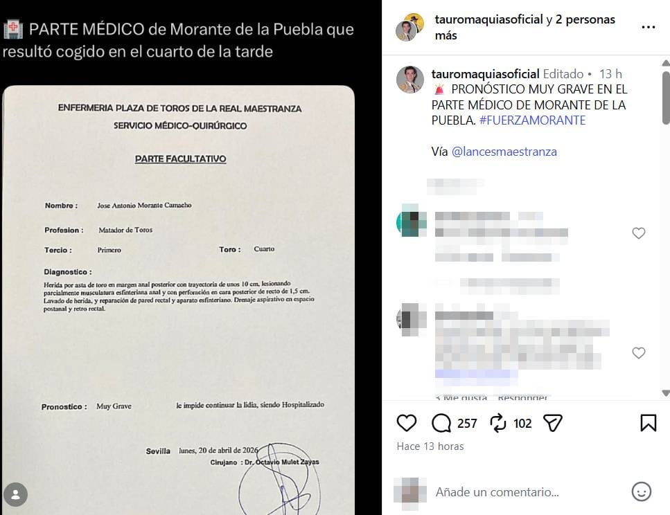Parte médico de Morante de la Puebla. (Instagram @tauromaquiasoficial)