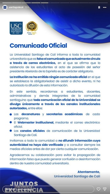 La Universidad Santiago de Cali desmintió en su comunicado que la asistencia al evento sea obligatoria - crédito @usantiagodecali/IG