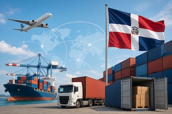 Una bandera de República Dominicana ondea junto a contenedores de carga, un camión, un buque portacontenedores y un avión en vuelo.