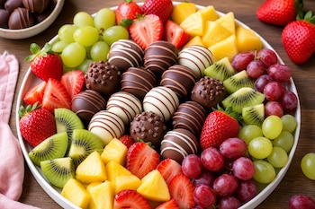 Un plato blanco contiene bombones de chocolate rodeados de fresas, kiwis, uvas y trozos de piña sobre una mesa de madera.