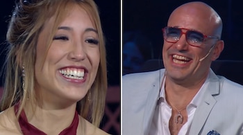Composición de dos imágenes con los rostros sonrientes de Fabiana Vega a la izquierda y Abel Pintos con anteojos y traje a la derecha.