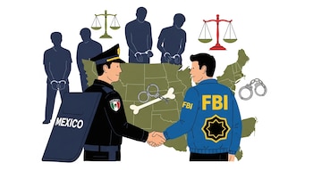 Agente de policía de México y agente del FBI se dan la mano sobre un mapa de la frontera. Hombres esposados, balanzas, esposas y un hueso visible.