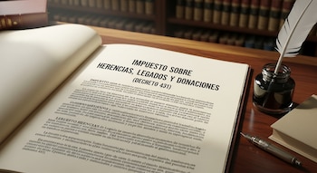 Primer plano de un libro abierto sobre un escritorio de madera, mostrando el título "IMPUESTO SOBRE HERENCIAS, LEGADOS Y DONACIONES (DECRETO 431)", junto a un tintero con pluma y una estilográfica.