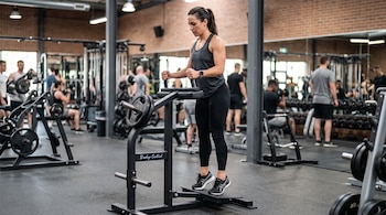 Una mujer en ropa deportiva realiza elevaciones de talones en una máquina de pantorrillas dentro de un gimnasio.