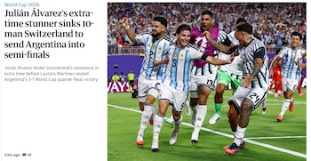 Titular de noticia sobre deporte, fútbol y Copa Mundial. Texto: Argentina 3 Suiza 1. Jugadores Messi, Álvarez, Martínez. Semifinal contra Inglaterra