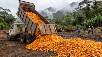 Camión volquete descarga cáscaras de naranja en terreno. Varios hombres, dos excavadoras y un bosque cubierto de niebla se observan al fondo.