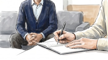 Ilustración de dos personas en un entorno de oficina. Una persona escribe en un cuaderno con un bolígrafo, mientras otra persona sentada observa.