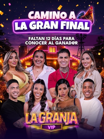 Póster promocional de 'La Granja VIP' con siete concursantes sonrientes frente a un granero iluminado de noche, con confeti y texto 'Camino a la Gran Final'