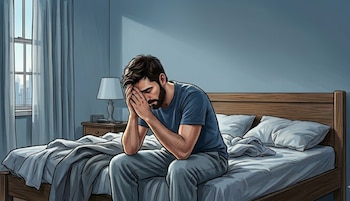Hombre barbudo con camiseta azul sentado en la cama con la cabeza entre las manos. Se ve el colchón, el somier de madera, una mesita de noche con lámpara y una ventana