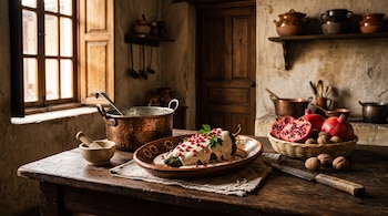 Un chile en nogada en plato de barro sobre mesa de madera con granadas, nueces y cacerola de cobre en una cocina rústica.