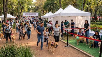 Personas pasean con sus mascotas por un sendero arbolado junto a carpas blancas con veterinarios y perros con pañuelos que dicen adóptame.