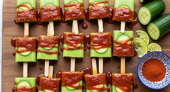 Paletas de pepino verdes con rodajas, chamoy y chile en polvo sobre tabla de madera. Se ven pepinos, limas y un cuenco de chile en polvo.