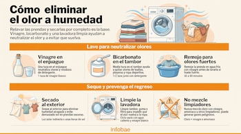 Infografía con el título "Cómo eliminar el olor a humedad" e ilustraciones de prendas de vestir, lavadora, vinagre blanco y bicarbonato.