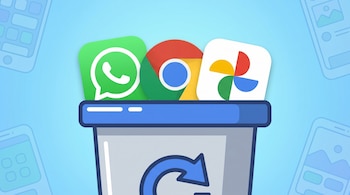 Ilustración animada de los iconos oficiales de WhatsApp, Google Chrome y Google Fotos parcialmente dentro de una papelera de reciclaje azul y gris.