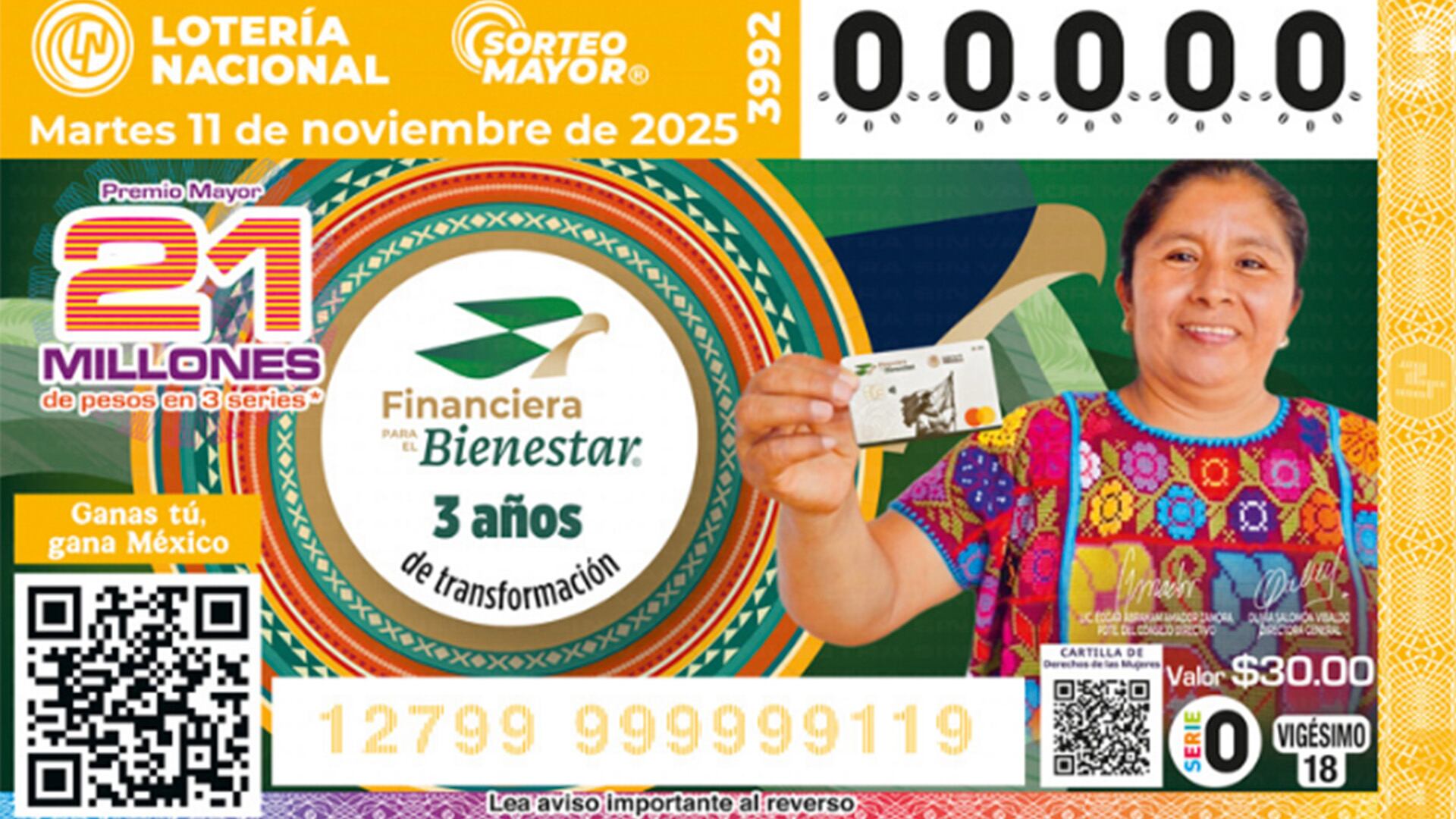El billete del sorteo de este martes hace un homenaje a la Financiera del Bienestar como respuesta estratégica y necesaria para enfrentar desafíos estructurales en el acceso a servicios financieros en México, a través de la innovación tecnológica y la oferta de servicios de vanguardia; especialmente en comunidades marginadas .