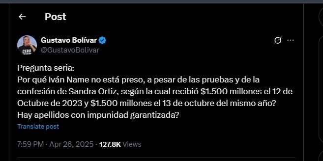 Gustavo Bolívar arremetió en contra de Iván Name - crédito @GustavoBolivar