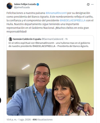 El excongresista y el abogado Germán Calderón España celebraron la designación de Ana María Rincón como presidenta del Banco Agrario - crédito @jaimeflozada/X