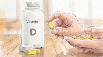 Ilustración de acuarela con líneas finas mostrando una mano tomando una cápsula de vitamina D de un frasco, con más píldoras en la mano y la mesa de madera.