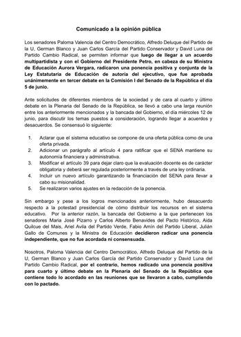 Comunicado de la oposición que