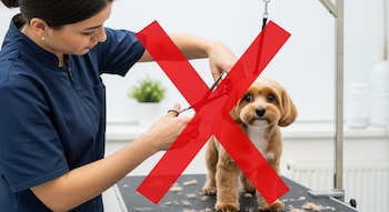 Una mujer en uniforme azul oscuro corta el pelo de un perro pequeño y peludo de color marrón claro en una mesa de aseo. Un gran símbolo 'X' rojo lo cubre.