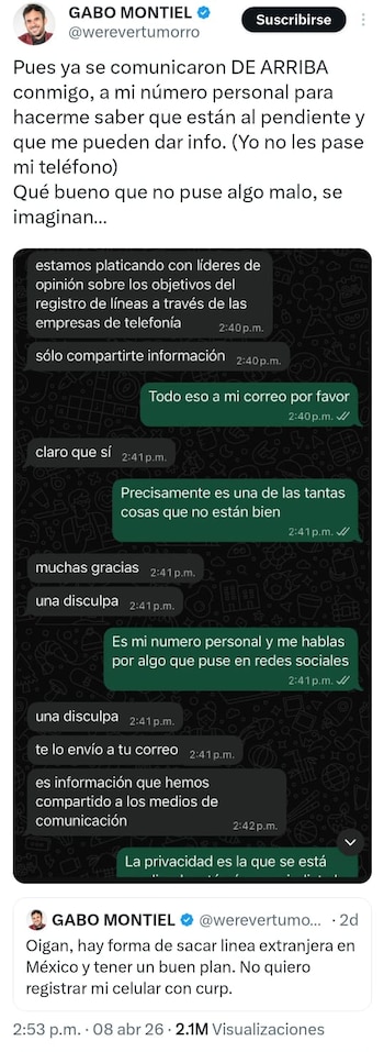 Captura de pantalla de un tuit de Gabo Montiel denunciando la filtración de su número personal y una conversación sobre privacidad en WhatsApp