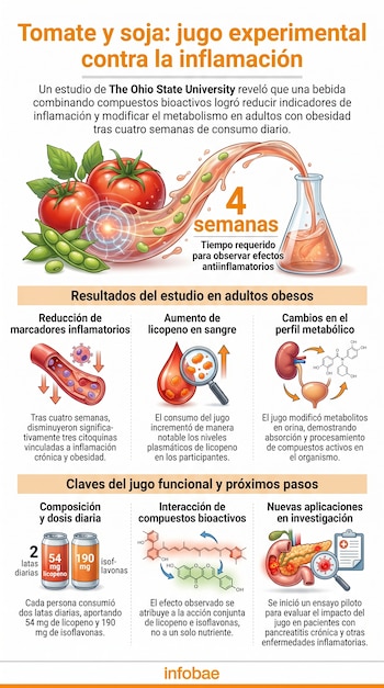 Infografía detallada sobre un jugo experimental de tomate y soja, con ilustraciones de sus ingredientes, la preparación y los resultados antiinflamatorios del estudio.