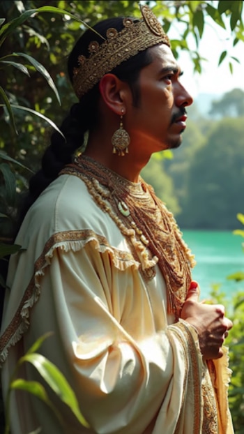 Retrato de perfil de un hombre con corona dorada, túnica crema y joyas, mirando a la derecha. Tiene cabello oscuro, bigote y barba. Fondo de vegetación y agua turquesa