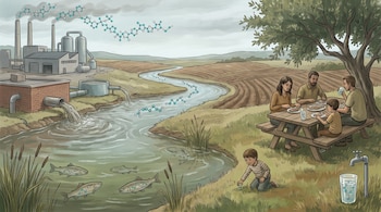 Fábrica, planta de tratamiento, río con efluentes, campos de cultivo, peces, familia comiendo, niño jugando, grifo de agua y moléculas de PFAS.