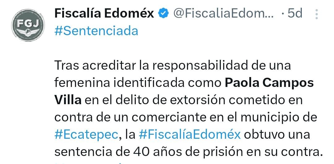 La Fiscalía del Estado de México informó sobre la sentencia condenatoria. Foto: (Captura de pantalla)