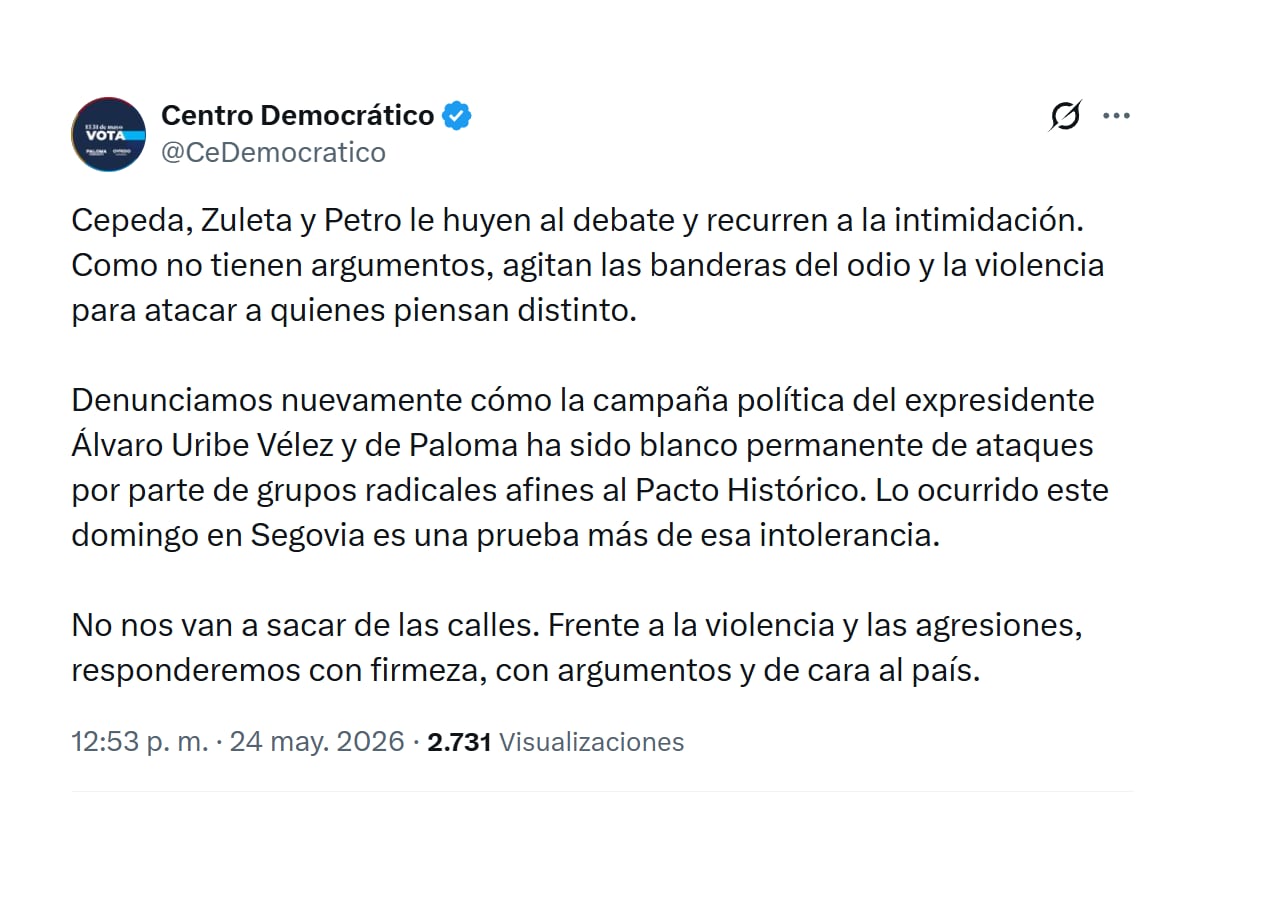 Con este mensaje, el Centro Democrático rechazó lo que sería hostigamiento al expresidente Álvaro Uribe en su visita a Segovia (Antioquia) - crédito @cedemocratico/X