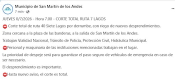 Captura de pantalla de una publicación de Facebook del Municipio de San Martín de los Andes informando el corte total de la Ruta 40 Siete Lagos