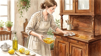 Ilustración de una mujer limpiando un mueble de madera. Se ven aceite de oliva, limones, un exprimidor y plantas en macetas.