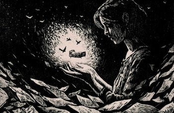 Ilustración en blanco y negro del perfil de una persona con las manos abiertas sobre las que flota una cama diminuta rodeada de aves