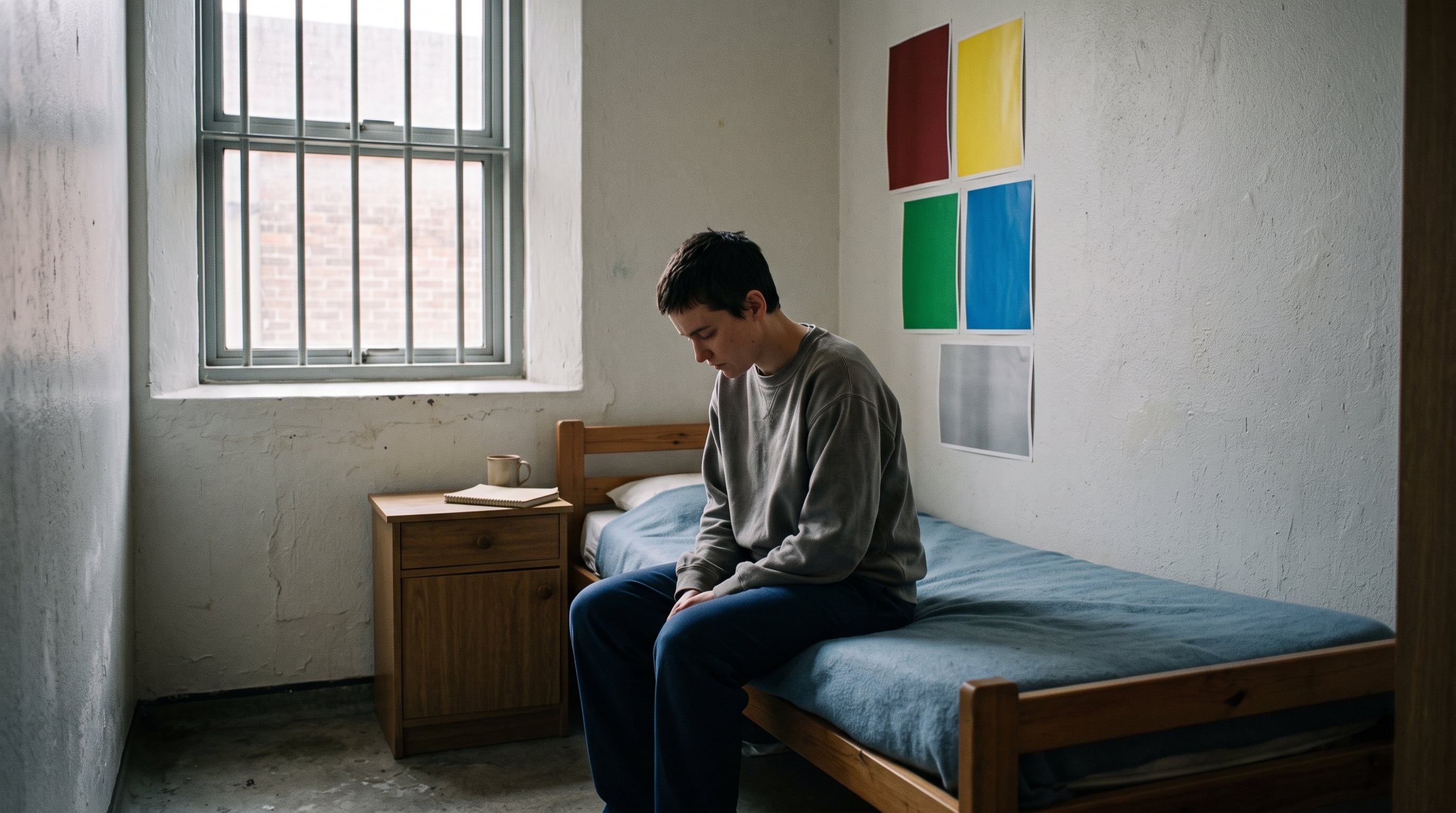 Un joven mira hacia el suelo sentado sobre una cama en una pequeña habitación institucional con ventana enrejada y láminas de colores en la pared. (Imagen Ilustrativa Infobae)