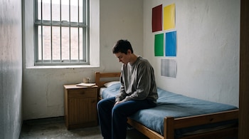 Persona sentada en una cama dentro de un cuarto con ventana enrejada, mesa de noche y láminas de colores pegadas en la pared.