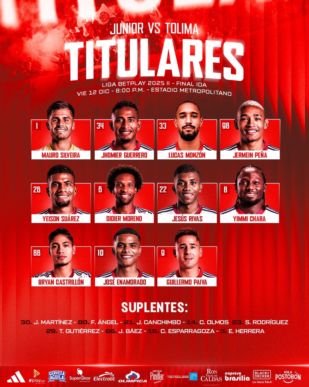 Alineación del Junior para la ida de la final ante el Tolima, por la Liga BetPlay - crédito Junior FC