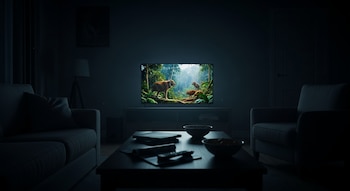 Un televisor de pantalla plana muestra una escena de la selva con animales en una sala de estar oscura. Se ven dos sofás y una mesa de centro con mandos.