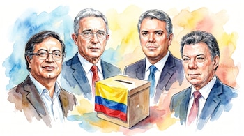 Acuarela de Gustavo Petro, Álvaro Uribe, Iván Duque y Juan Manuel Santos, junto a una urna electoral con la bandera de Colombia sobre un fondo de manchas de color.